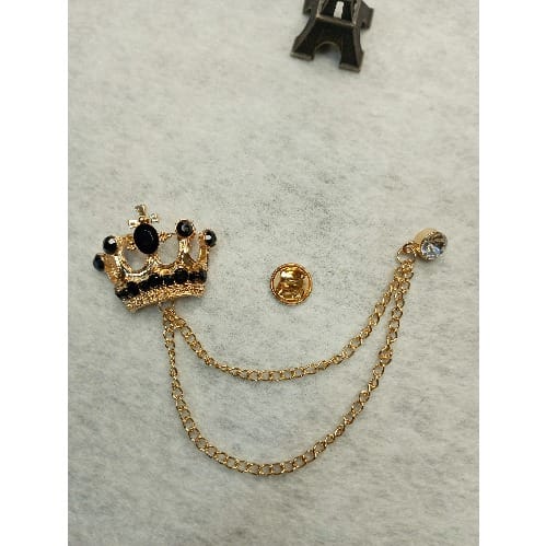 Crown Lapel Brooch With Black Stones -Gold