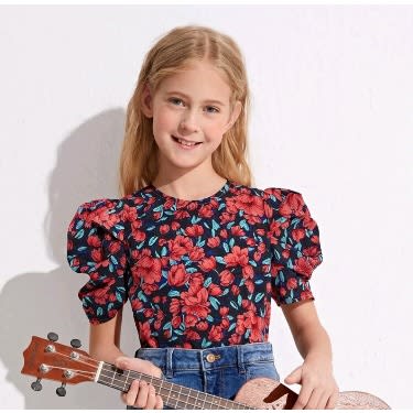 Girls Floral Puff Sleeve Top
