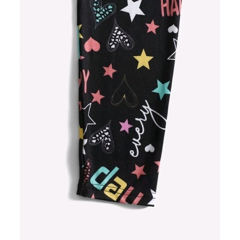 Girls Multi Star Hearts Graphic  Leggings- Black /Aqua