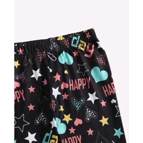 Girls Multi Star Hearts Graphic  Leggings- Black /Aqua