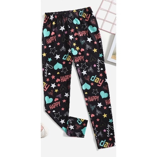Girls Multi Star Hearts Graphic  Leggings- Black /Aqua
