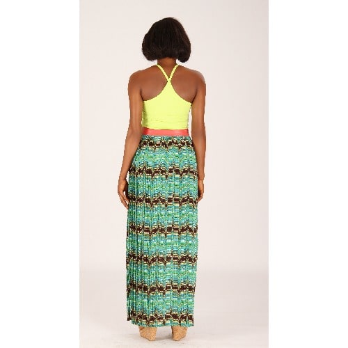 Pleated Skirt with Leather Waistband - Green and Orange