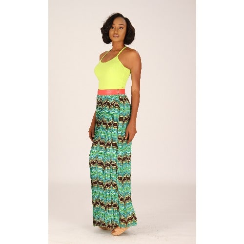 Pleated Skirt with Leather Waistband - Green and Orange