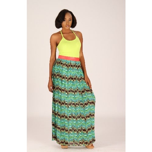 Pleated Skirt with Leather Waistband - Green and Orange