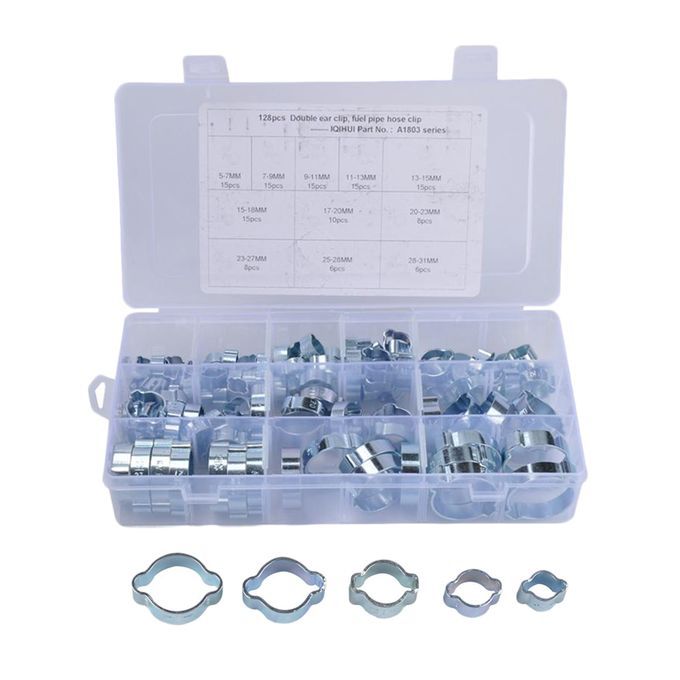 11 SIZE DOUBLE EAR CLIPS - O CLAMP - Stainless STEEL - 128 PACK