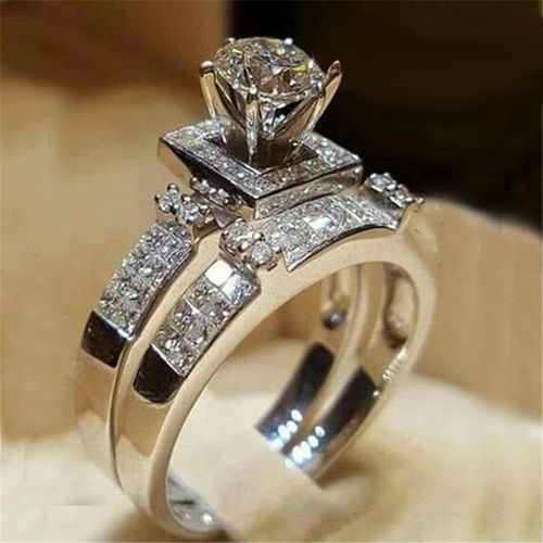 Silver Stoned Wedding Band And Engagement Ring Set For Women