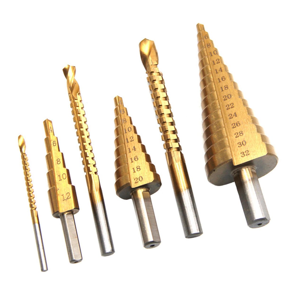 6 PCS Step Drill Bit and Saw Drill Set HSS Drill Bits for Sheet Aluminum Iron Metal Stainless Steel Wood Hole Drilling Expanding Multifunction Spiral Grooved Step Drill for Woodworking Industry DIY