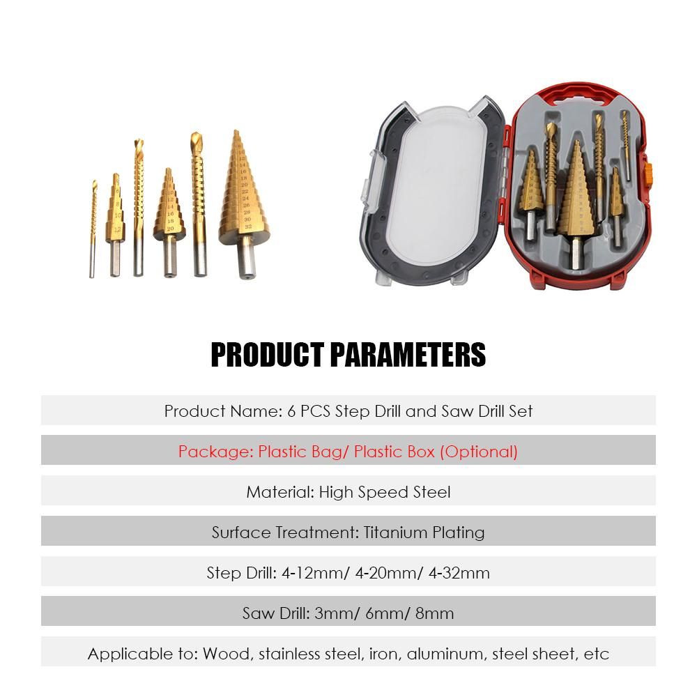 6 PCS Step Drill Bit and Saw Drill Set HSS Drill Bits for Sheet Aluminum Iron Metal Stainless Steel Wood Hole Drilling Expanding Multifunction Spiral Grooved Step Drill for Woodworking Industry DIY