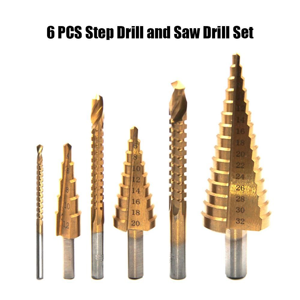 6 PCS Step Drill Bit and Saw Drill Set HSS Drill Bits for Sheet Aluminum Iron Metal Stainless Steel Wood Hole Drilling Expanding Multifunction Spiral Grooved Step Drill for Woodworking Industry DIY