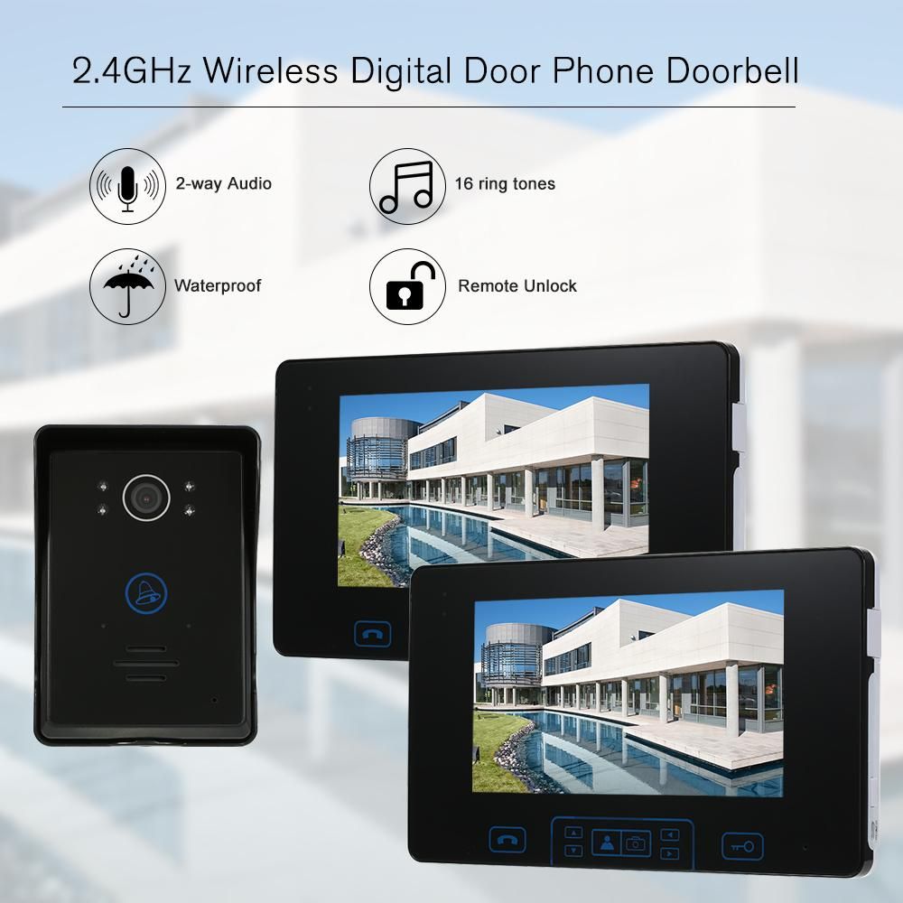 2.4GHz Wireless Digital Door Phone Doorbell Intercom System 2* Indoor Monitor&1* Outdoor Camera 7 Inch TFT Indoor Monitor HD Digital Outdoor Camera Night Vision Wireless Unlock Control Hands-free Call and Talk for Home Securi