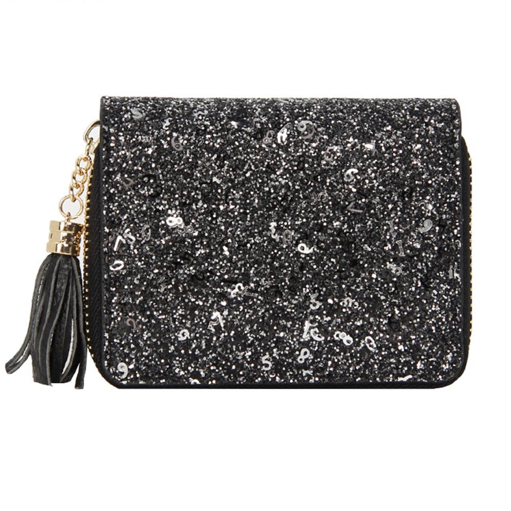 WESTCREEK Brand Genuine Leather Women Tel Zipper Short Wallet Glitter Ladies Small Credit Card Holder Purses Sequin(#Black)