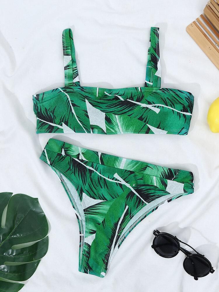 Tropical Plant Print Open Back Adjustable Straps High Waist Beach Bikinis Swimsuit