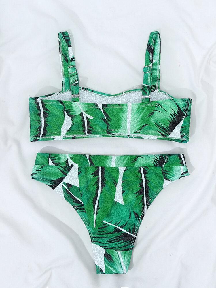 Tropical Plant Print Open Back Adjustable Straps High Waist Beach Bikinis Swimsuit