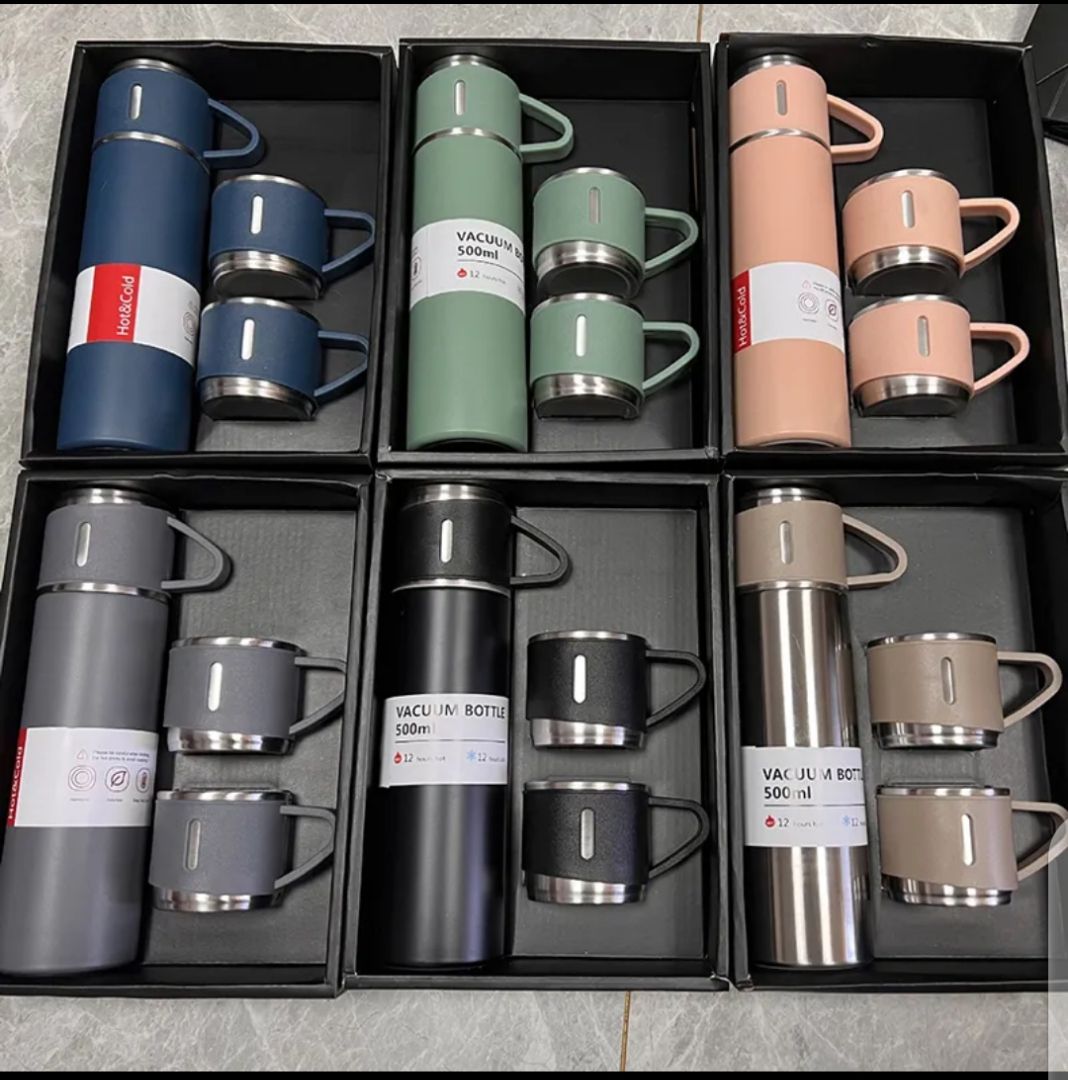 VACUUM FLASK SET 500ml 12Hours Hot/Cold With Extra 2 Cups
