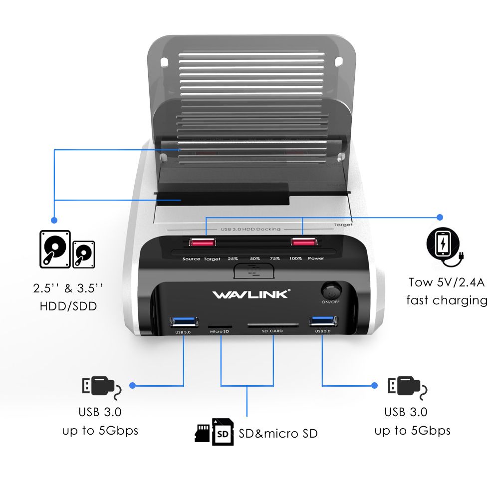 Wavlink SATA HDD 2.5"3.5" External Hard Drive USB 3.0 Docking Station 5Gbps Offline Clone Card Reader For Hard Drive Up To 16TB
