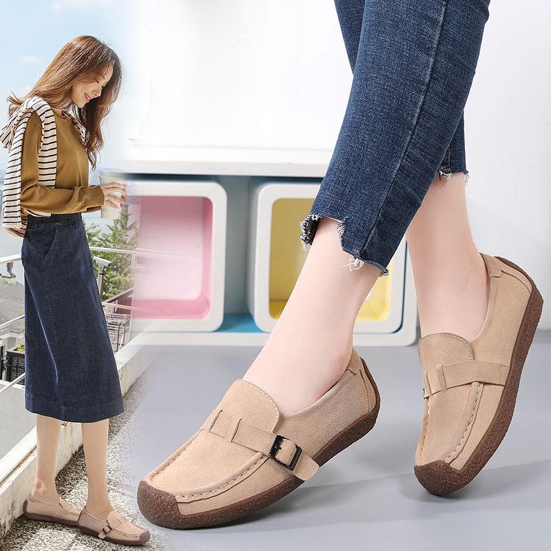 New Women Flats Shoes Female Cow Leather Moccasins Woman Cutout Loafers Slip On Oxfords Flats Beige