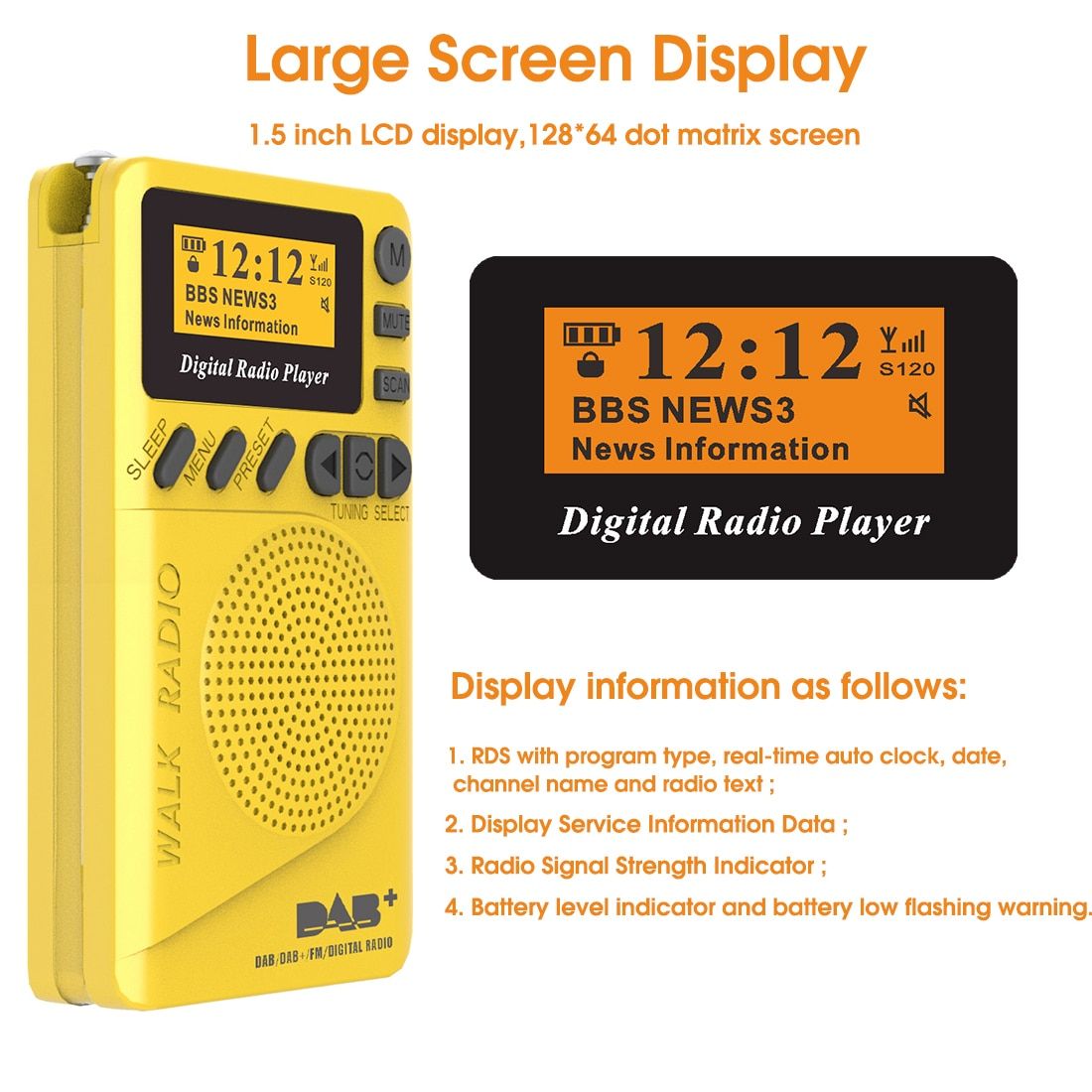 Mini Pocket DAB Digital Radio FM Receiver RDS With LED Display Portable MP3 Player Support TF Card Sleep Time Set