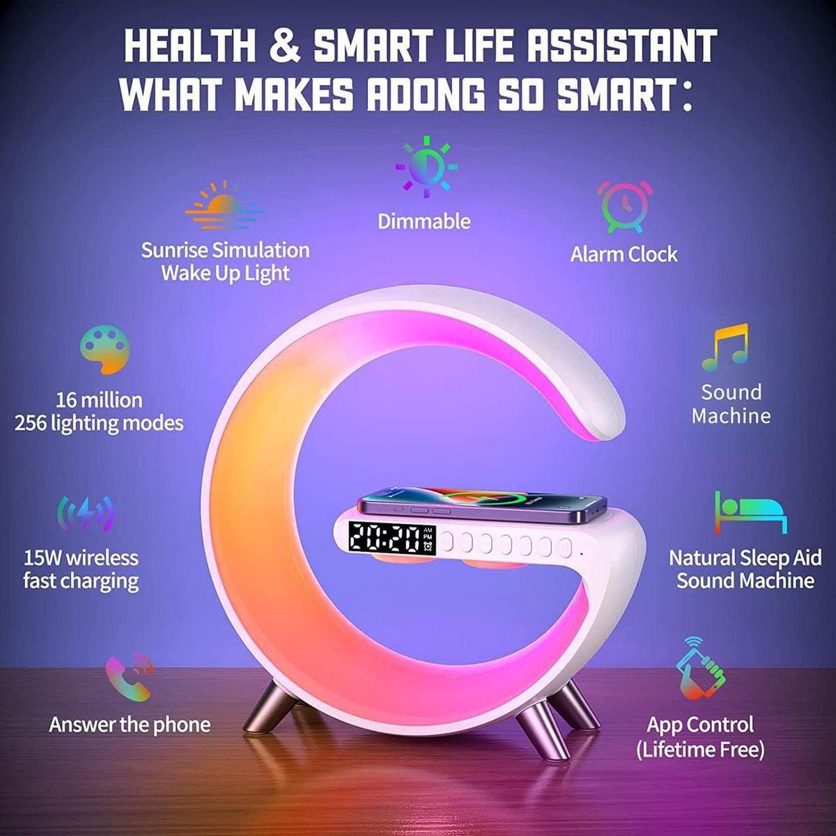 Smart LED Lamp, Clock, Wireless Fast Charging, Bluetooth Speaker