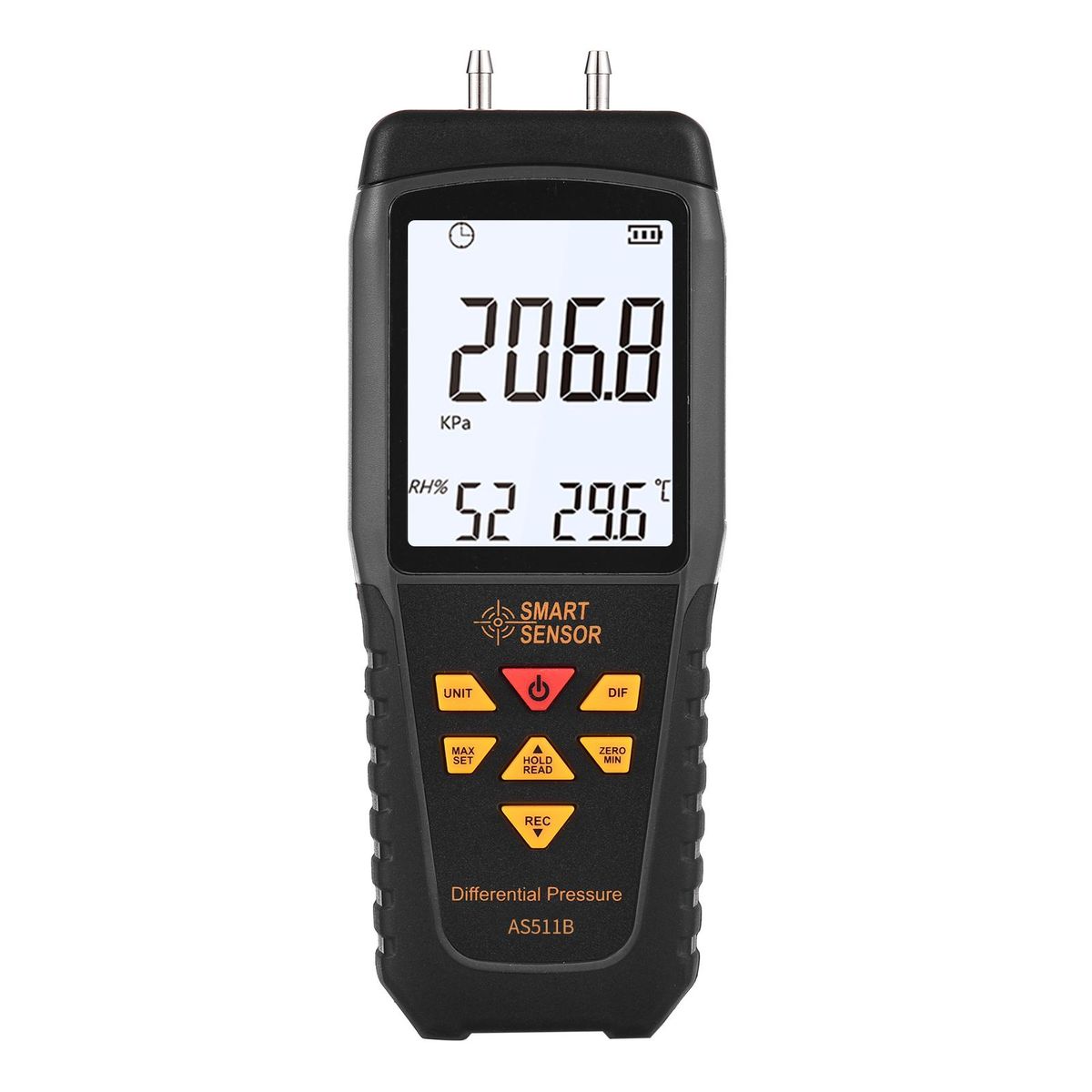 SMART SENSOR AS511B Digital Differential Pressure Gauge -206.8~206.8KPA Manometer Dual Port Air Gas Pressure Tester with LCD Backlight Display Supports Temperature & Humidity Measurement 12 Units Data Storage