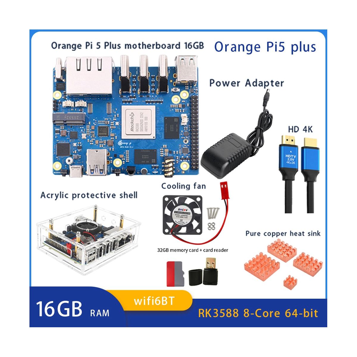 For Orange Pi 5 Plus 16G RK3588 2.5G Supports 8K Video 2.5G Supports WiFi6 BT Module Set EU Plug