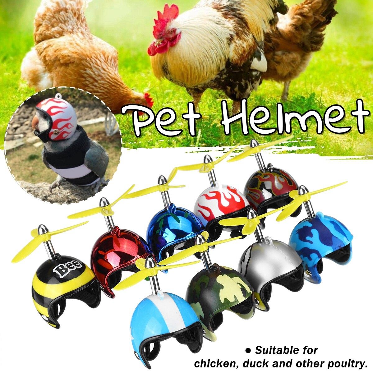 Chicken Hens Bird Hard Protective Pet Hat Cap Headgear & Propeller Glossy Red