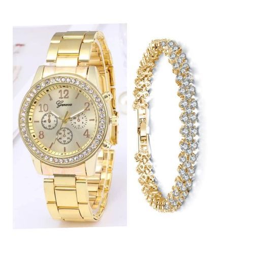 2 In 1 Rhinestone Women Watch With Bracelet- Gold