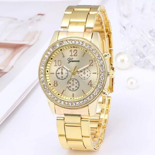 2 In 1 Rhinestone Women Watch With Bracelet- Gold