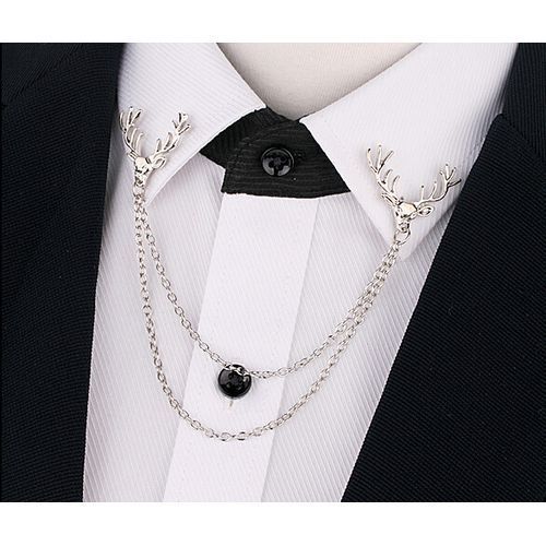 Shirt Collar Brooch Pin Deer Head With Chain Men Women Suit - Silver