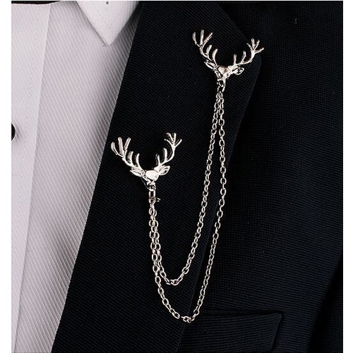 Shirt Collar Brooch Pin Deer Head With Chain Men Women Suit - Silver