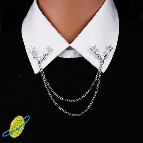 Shirt Collar Brooch Pin Deer Head With Chain Men Women Suit - Silver