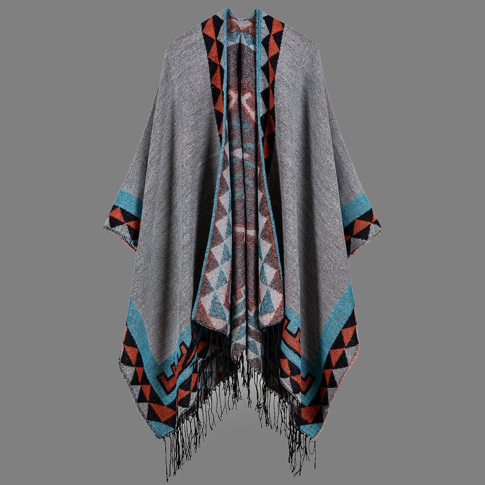 Boho Women Knitted Shawl Poncho Faux Cashmere Geometric-