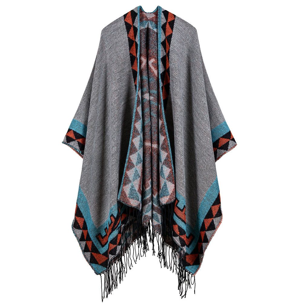 Boho Women Knitted Shawl Poncho Faux Cashmere Geometric-