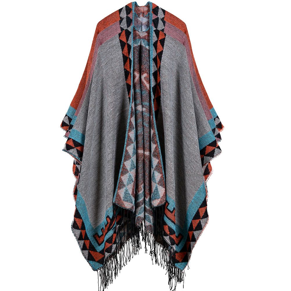 Boho Women Knitted Shawl Poncho Faux Cashmere Geometric-