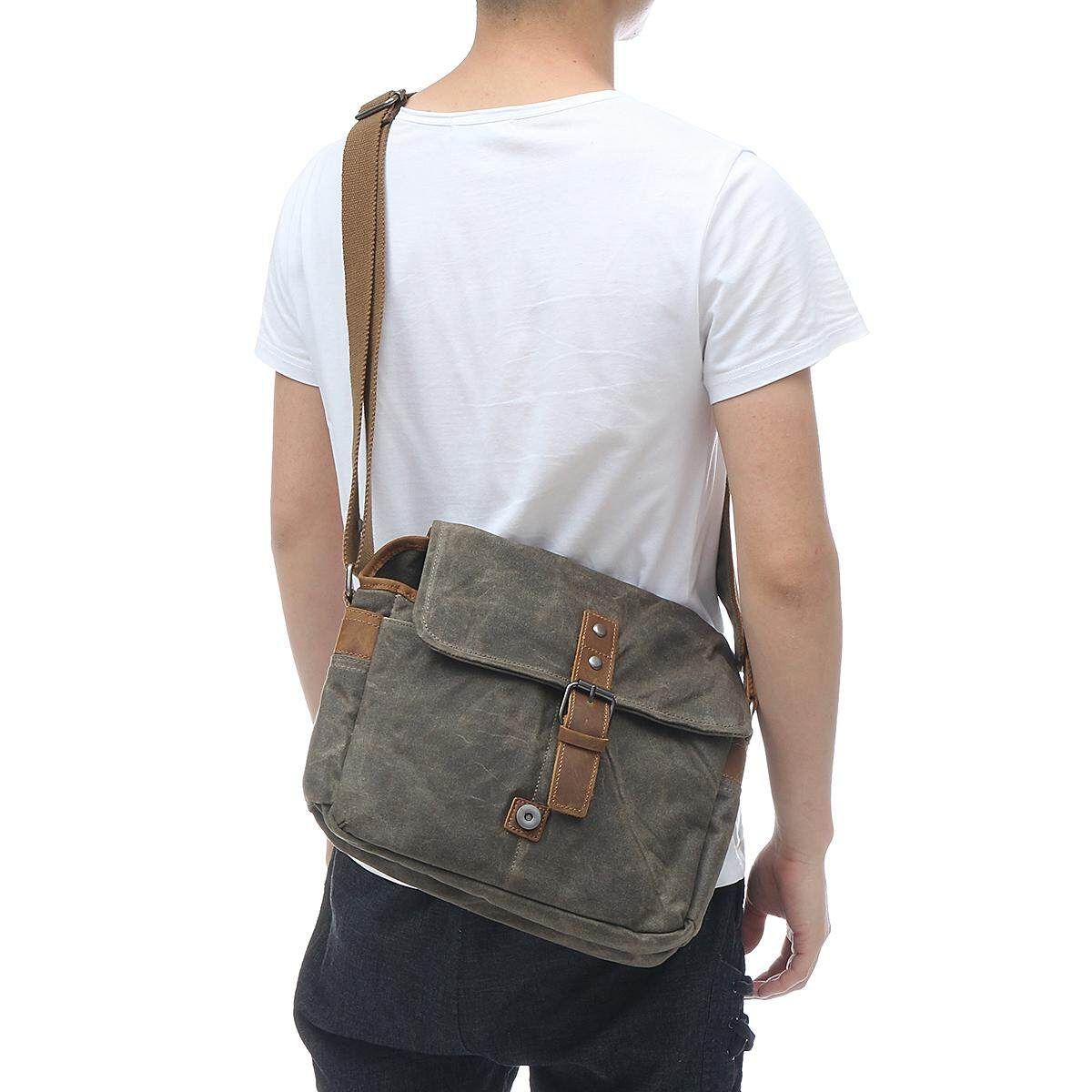 Vintage Waterproof Canvas Leather Trim DSLR SLR Shockproof Camera Messenger Bag Army Green