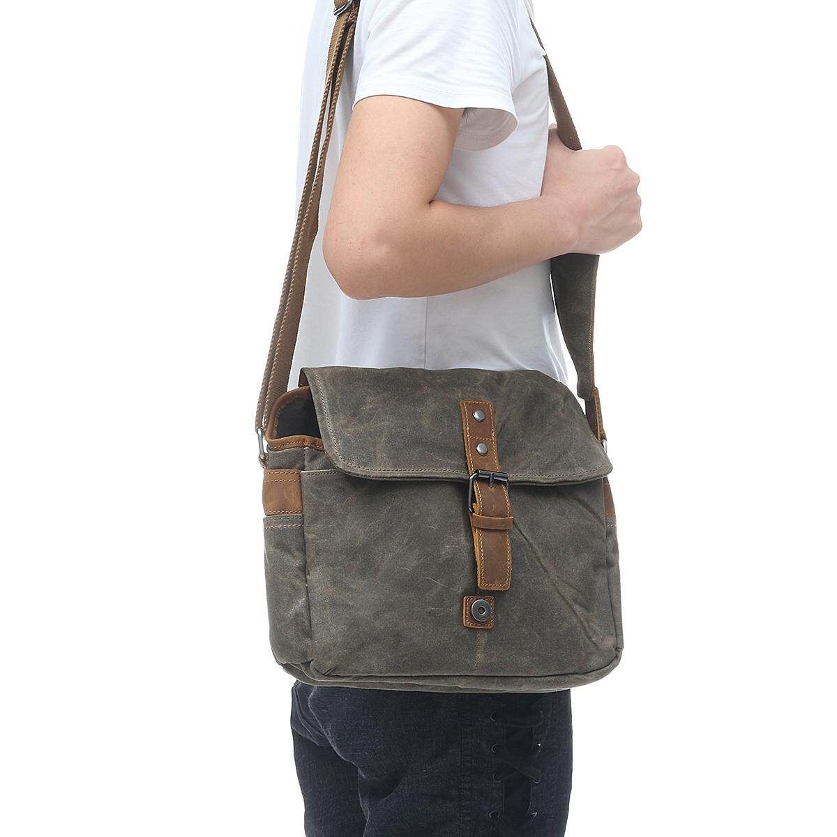 Vintage Waterproof Canvas Leather Trim DSLR SLR Shockproof Camera Messenger Bag Army Green
