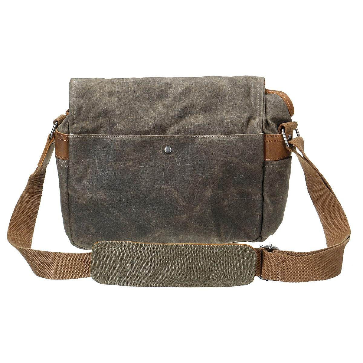 Vintage Waterproof Canvas Leather Trim DSLR SLR Shockproof Camera Messenger Bag Army Green
