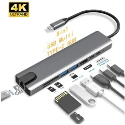 8 In 1 Type C To HDMI - lAN - USB 2- TF/SD