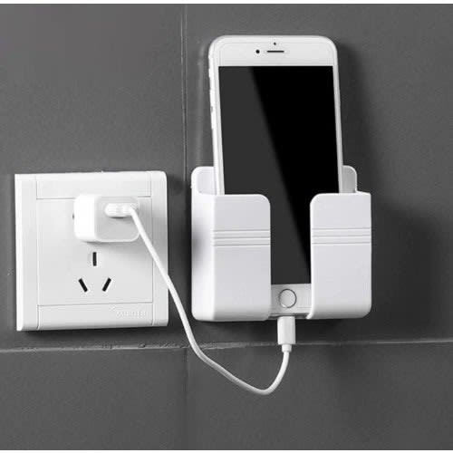 Wall Mount Cell Phone Charger Holder And Remote Organizer - White