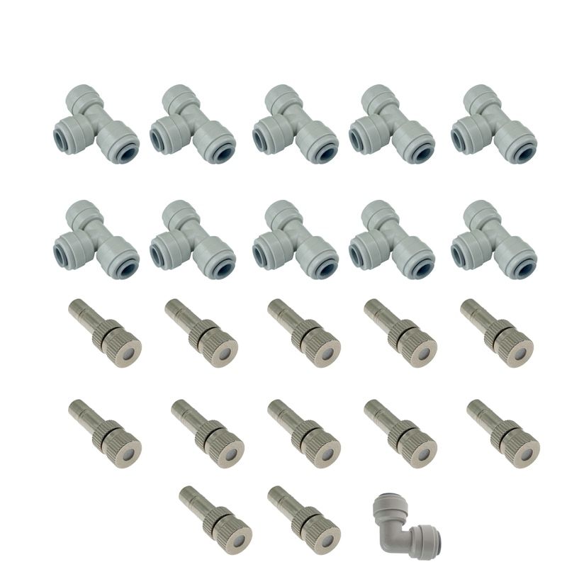 Grey DIY Misting Kits 12Pcs Quick Connect Nozzle Kit 10Pcs 3Way Connector 1Pcs L Connector For Gazebo Misting Cooling System 0.1mm Nozzles