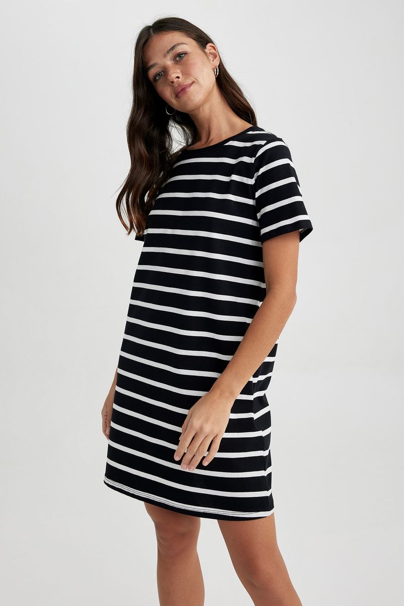 Woman Young C Neck Short Sleeve Knitted Dress - Black