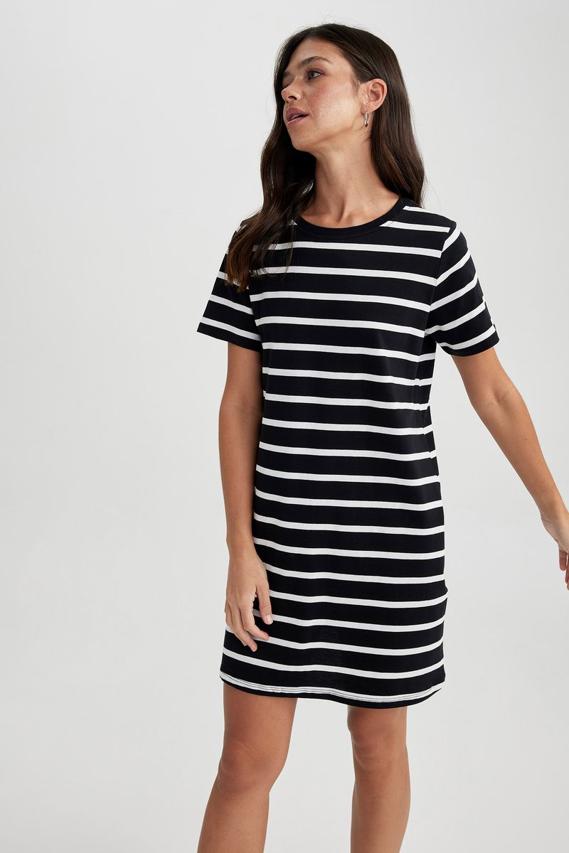 Woman Young C Neck Short Sleeve Knitted Dress - Black