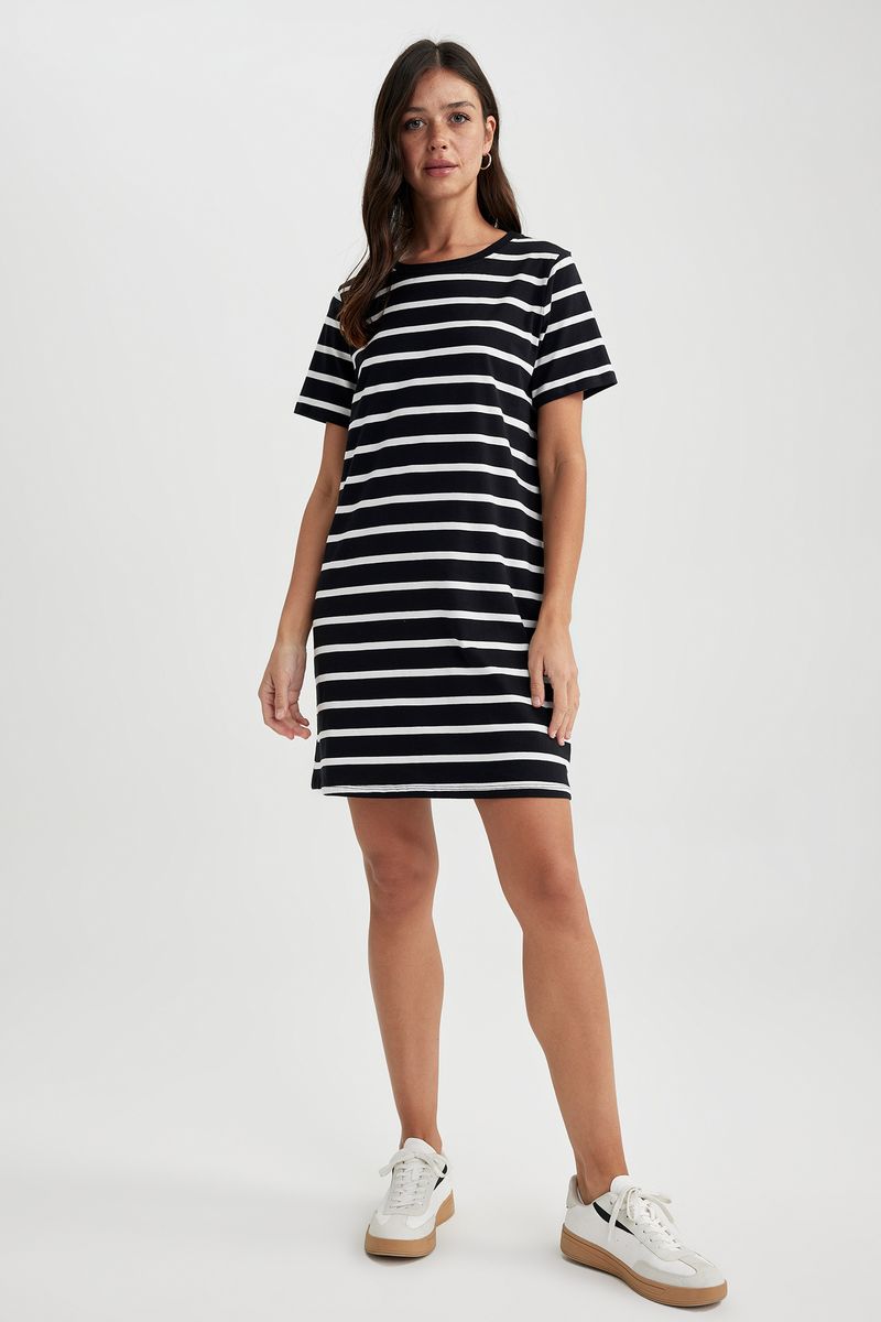 Woman Young C Neck Short Sleeve Knitted Dress - Black