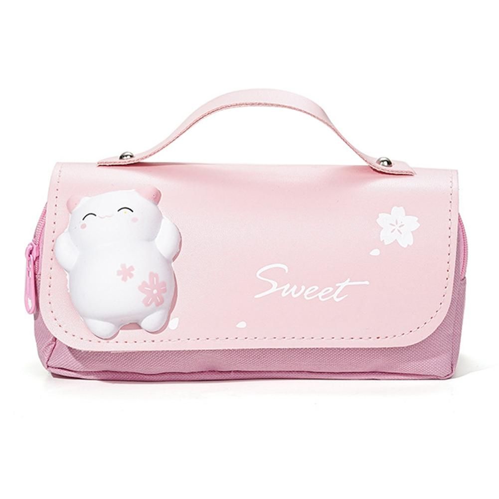 Cute Decompression Pencil Case Big Pencil Box Portable Girls Pen Bag Double Layer School Pouch Pink