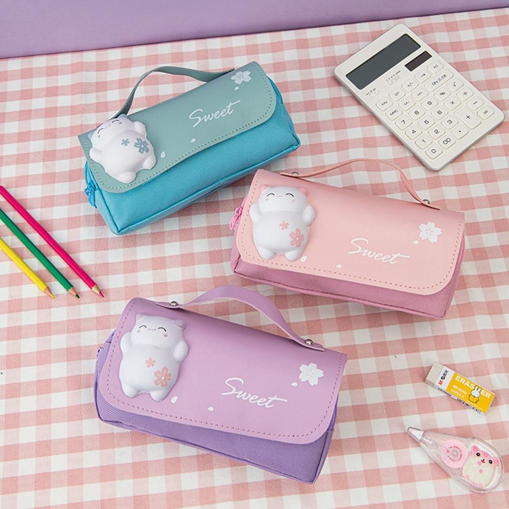 Cute Decompression Pencil Case Big Pencil Box Portable Girls Pen Bag Double Layer School Pouch Pink