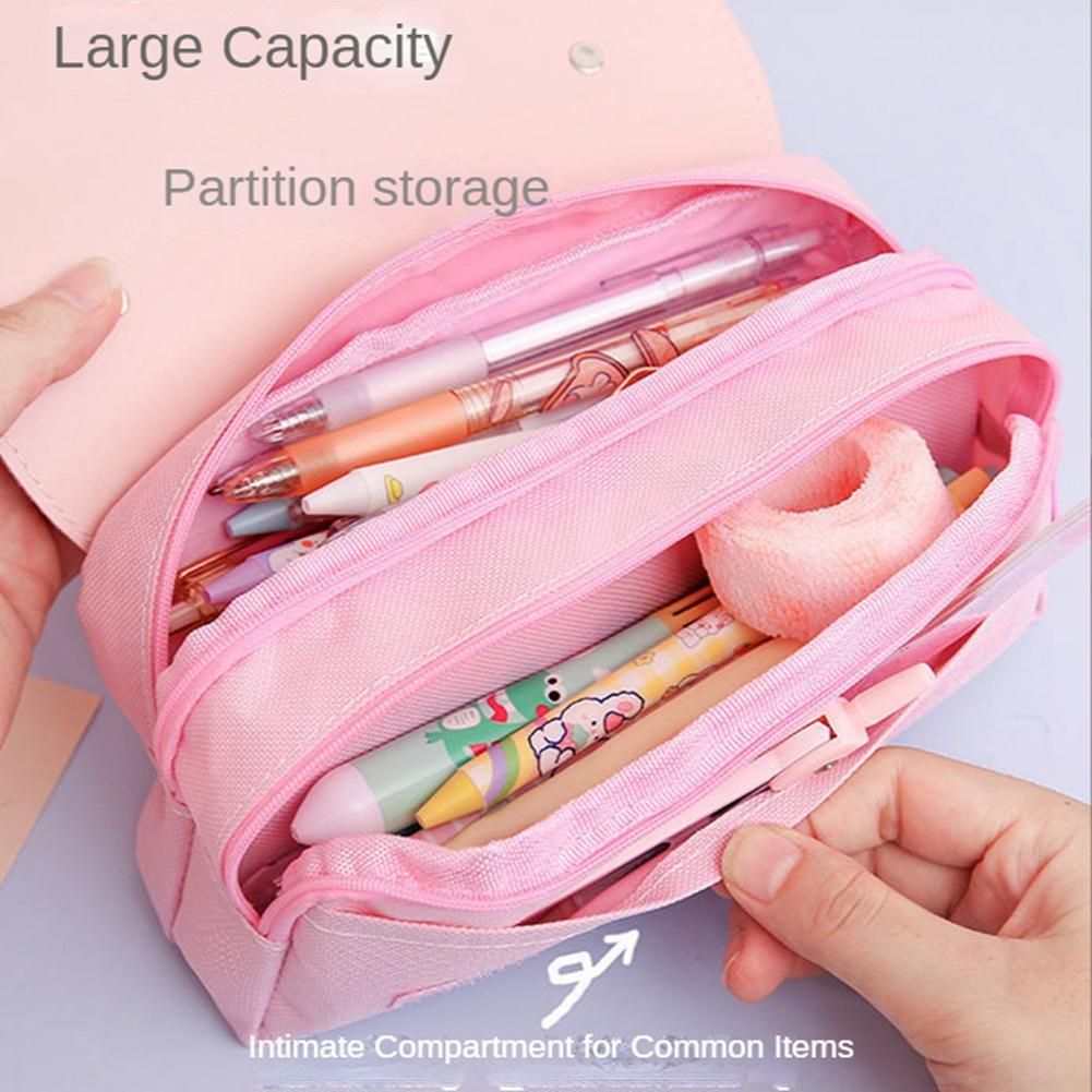 Cute Decompression Pencil Case Big Pencil Box Portable Girls Pen Bag Double Layer School Pouch Pink