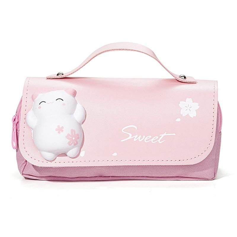 Cute Decompression Pencil Case Big Pencil Box Portable Girls Pen Bag Double Layer School Pouch Pink
