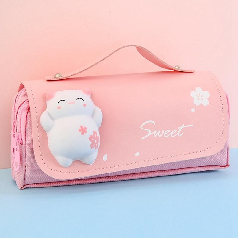 Cute Decompression Pencil Case Big Pencil Box Portable Girls Pen Bag Double Layer School Pouch Pink