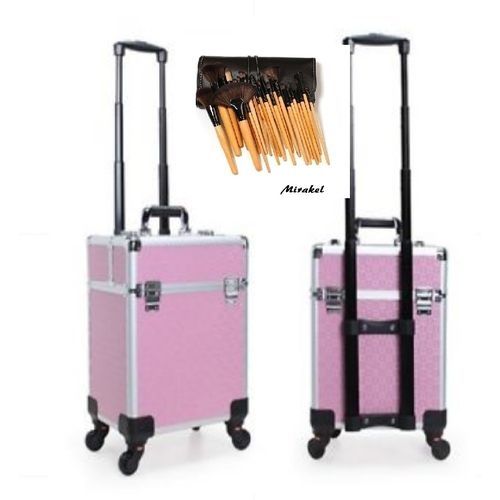 Professional Makeup Box With Trolley - Pink And Silver With Free 24 Set Bamboo Brush