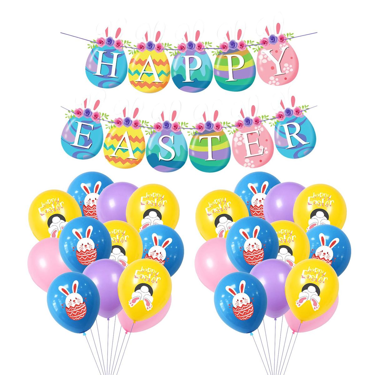 Happy Easter Banner With 24PCS Balloons Colorful Easter Banner Garland Easter Egg Flag Spring Themed Party Supplies Happy Easter Day Home Decor