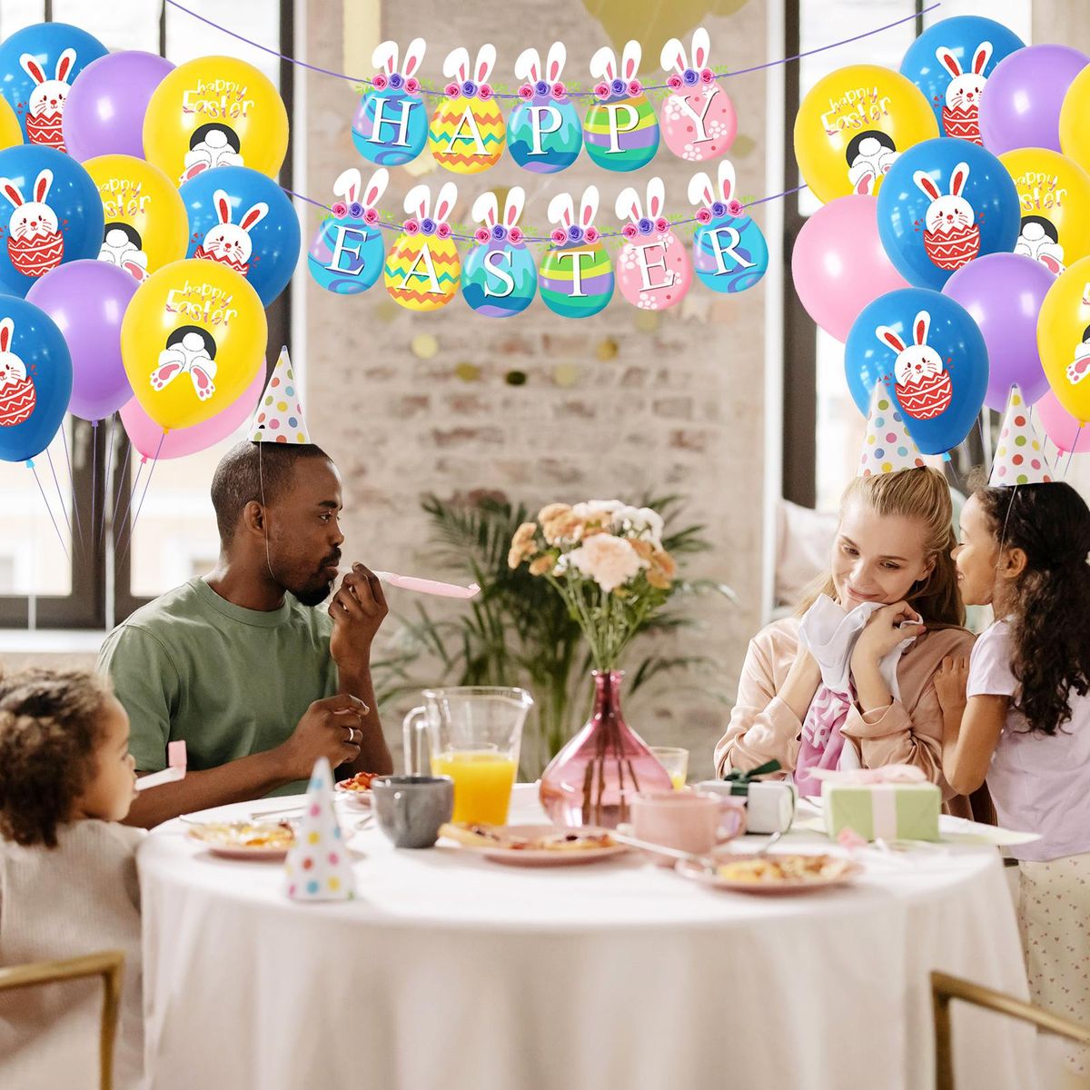Happy Easter Banner With 24PCS Balloons Colorful Easter Banner Garland Easter Egg Flag Spring Themed Party Supplies Happy Easter Day Home Decor